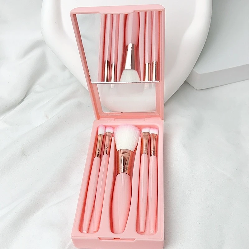 5 in1 Makeup Brushes Mini Set with Hard Case and Built-in Mirror, On the Go Brush Travel Essentials (Light Pink)