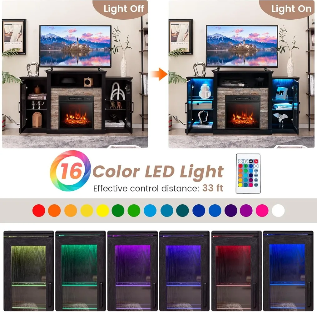 Fireplace TV Stand, Electric Fireplace Mantel with 16-Color Led Lights, Adjustable Glass Shelves, Remote & Smart APP Control