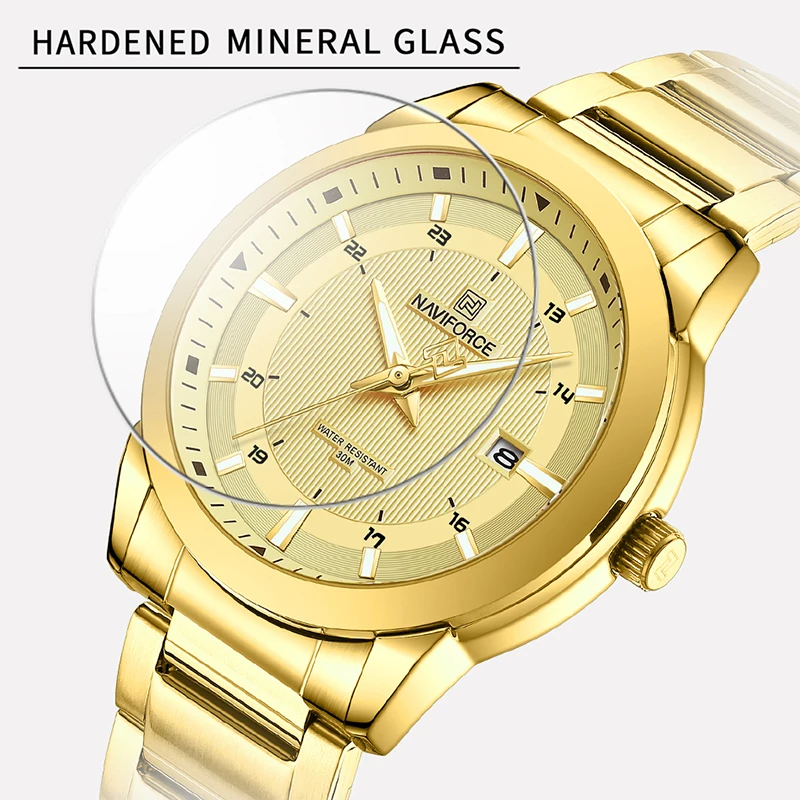 NAVIFORCE Luxury Gold Stainless Steel Watches for Man Fashion Wild Quartz Casual Male Wristwatch with Date Display Window NF8029