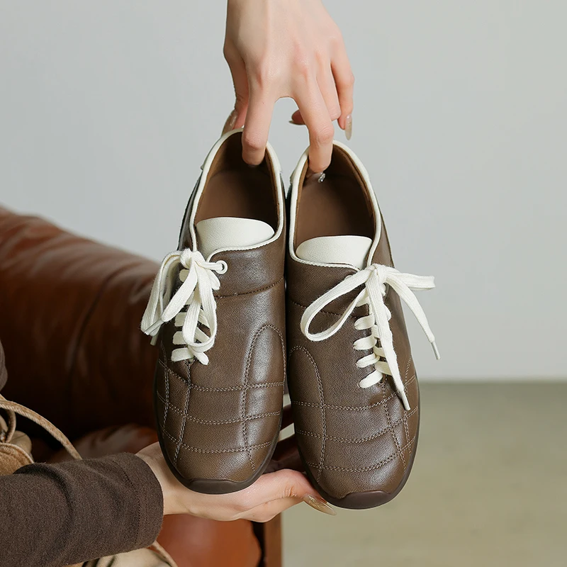 

2025 New Fashion Casual Women Flats Shoes Heels Leather Lace-up Comfort Round Toe Spring Party Summer Shoes Woman Size 34-40