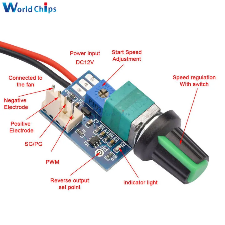 DC 12V 4 Wire PWM Fan Speed Controller Fan Motor Governor Board Module with Knob Switch Noise Reduction can be Shut Down
