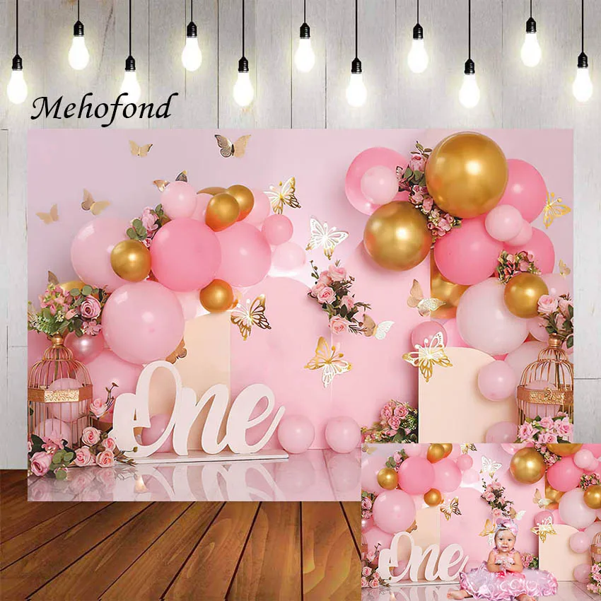 Mehofond Photography Background Pink Balloons Garden Floral Butterfly Girls Birthday Party Portrait Decor Backdrop Photo Studio