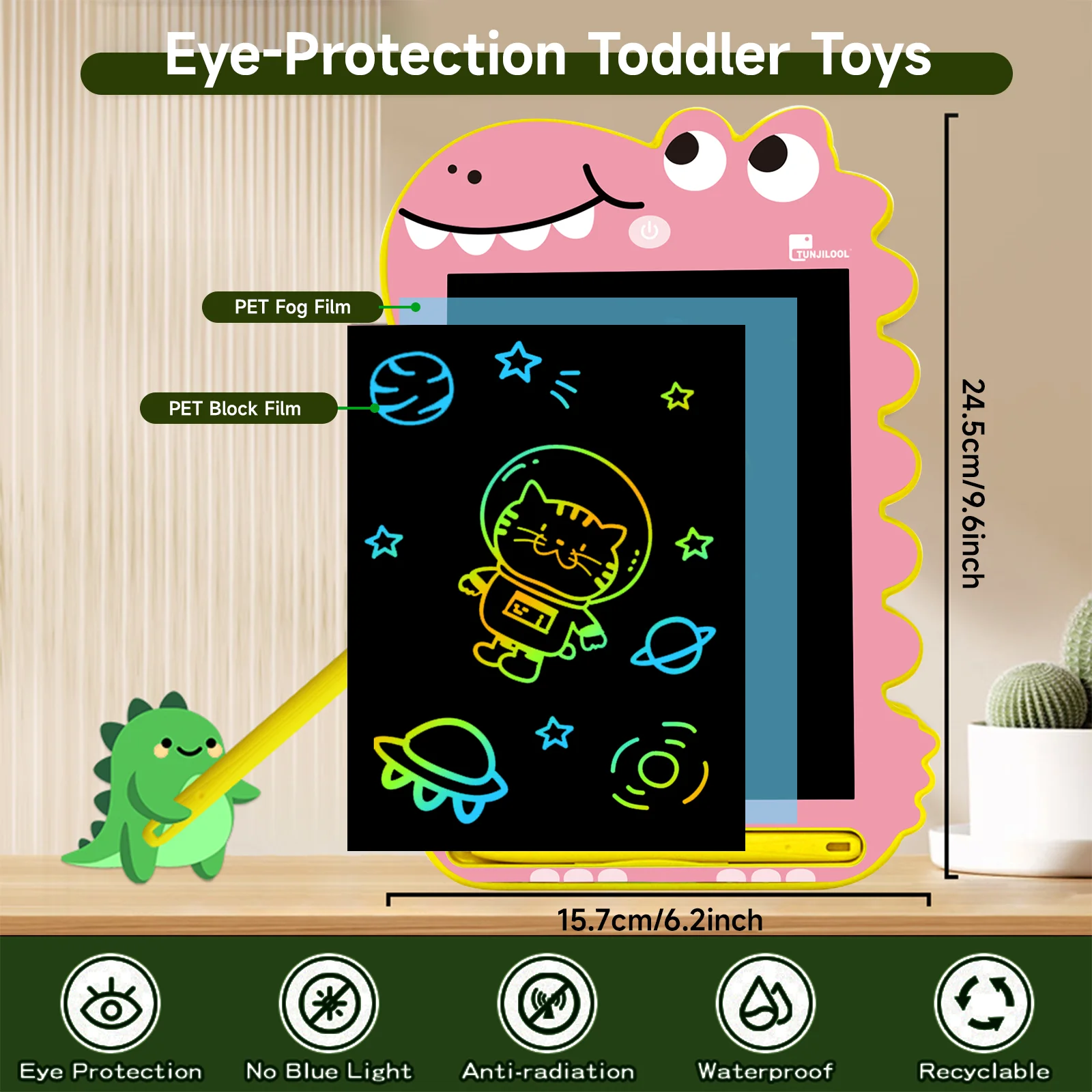 TUNJILOOL-Cartoon Dinossauro LCD Escrita Tablet para Crianças, Graffiti Sketchpad Brinquedos, Handwriting Magic Drawing Board, 8.5\