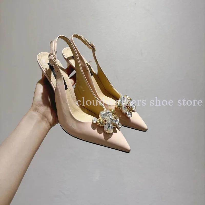 Women's Genuine Leather Pointed Toe Pumps Exquisite Rhinestone Bead Decor Upper Metallic Sexy Stilettos Fashion Versatile Pumps