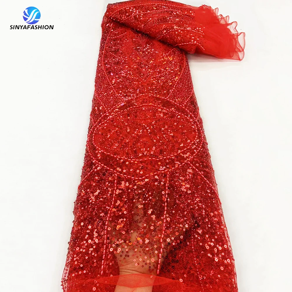 

Red African Lace Fabric 2024 High Quality Nigerian French Embroidery Sequins Beaded Luxury Bridal Weddign Lace For Women Dress