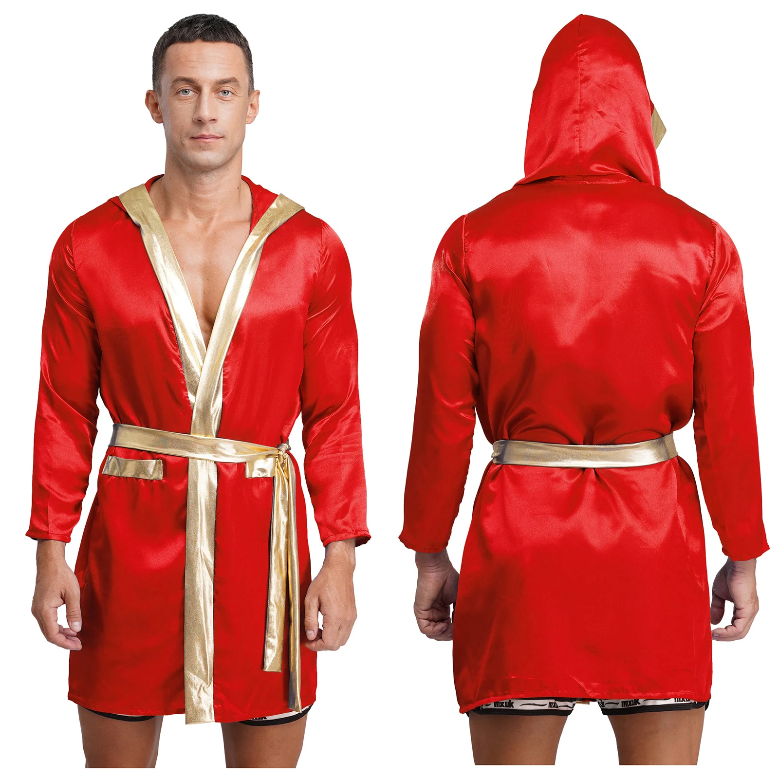 

Men Shiny Hooded Jackets for Wrestling Singlets Boxing Competition Costumes Long Sleeve Satin Hooded Cloak with Belt Boxer Wear
