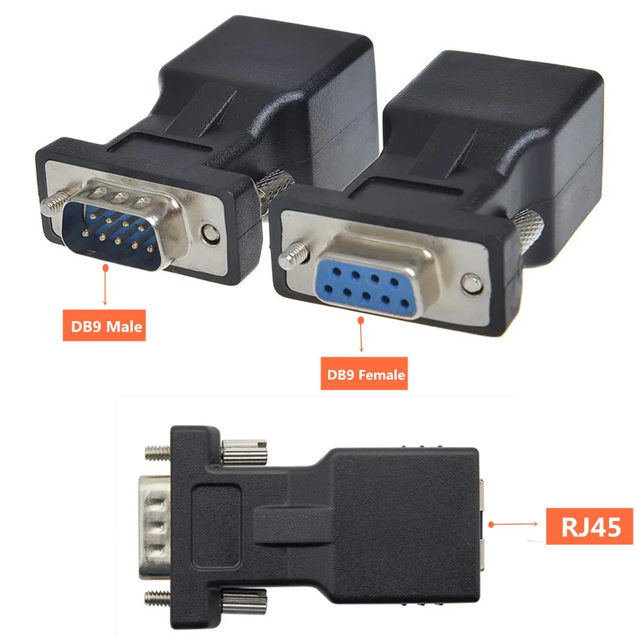 Rj45 ao adaptador fêmea de 9 pinos, rj45 à fêmea masculina db9pin db9 rj45 à porta de rede rs232 ao porto serial db9