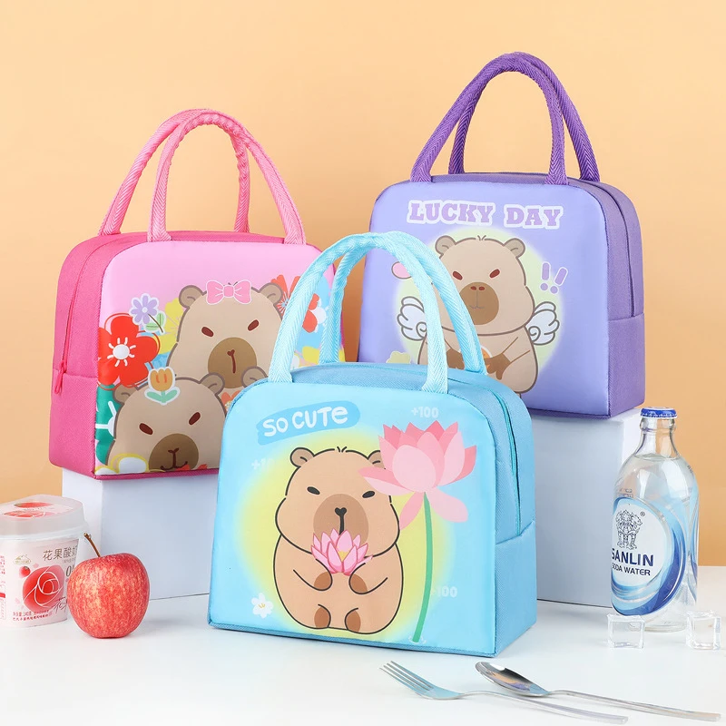 Cartoon Capybara Lunch Bag Insulated Food Container, Portable Thermal Bento Box Bag for School, Eco-Friendly Meal Tote for Kids