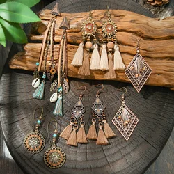 Vintage Boho Earrings with Long Dangle Tassel,Brown Alloy Eardrops,Holiday Party Decors,Daily Wear Gifts,Versatile