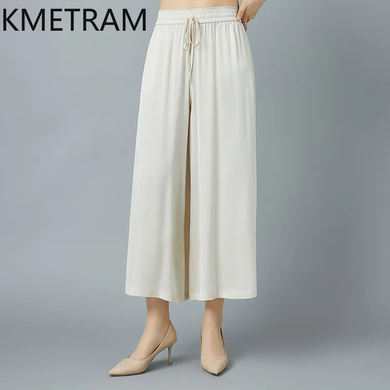 

KMETRAM 91% Real Mulberry Silk Women Pants 2026 Summer Ankle-length Elastic Waist Wide-leg Pants Female Clothes Pantalones Mujer