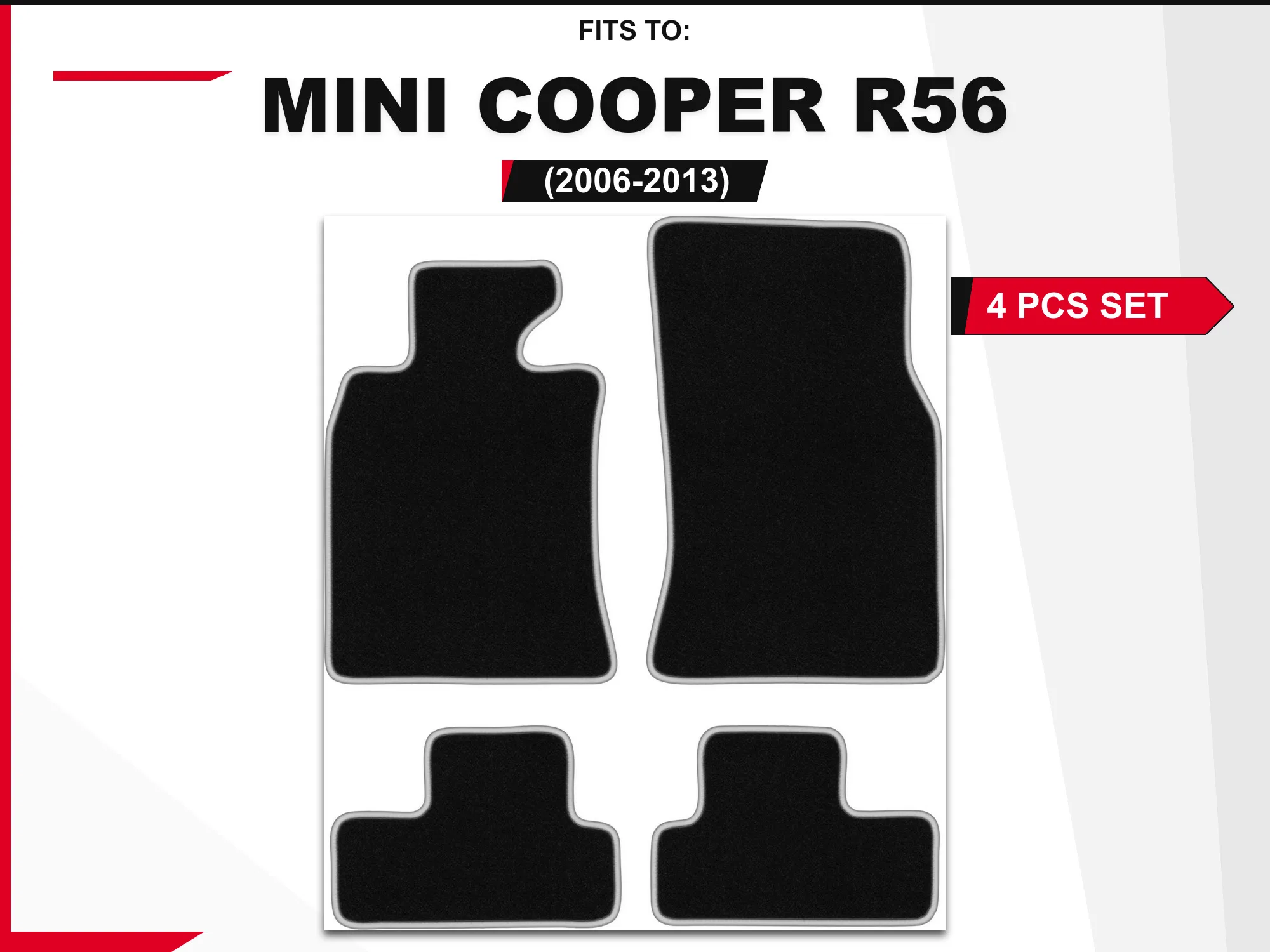Velour tapijten voor: Mini Cooper R56 2006-2013 hatchback zwart en zilverkleurige automatten set bijpassende autovloerbedekking