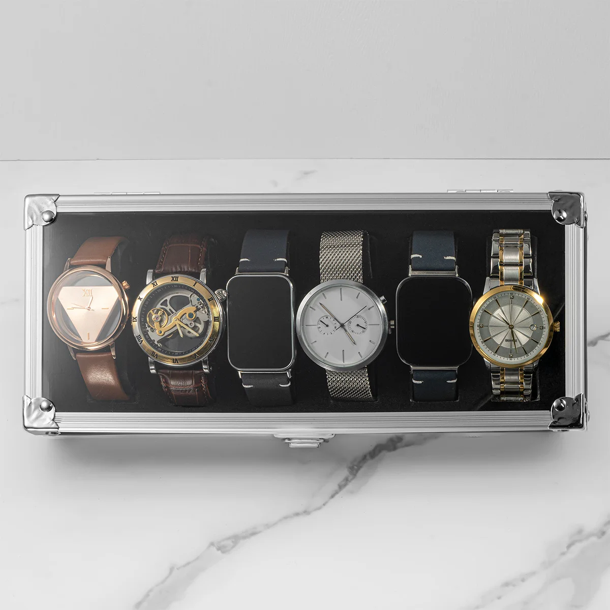 Aluminum Watches 6 Grids Watch Storage Box Suitcase With Glass Window Watch Storage Aluminum Case  Watch Box Organizer For Men