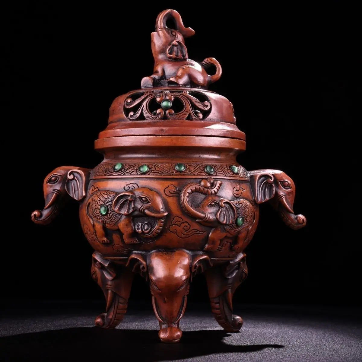 Treasures, old collections, old pure copper, all-copper high relief carving, Vientiane incense burner, exquisite craftsmanship,
