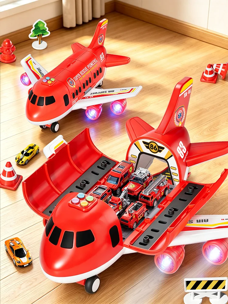 Children Firefighting Airplane large Size Model Set With Music and Light, 1:64 Scale Vehicle Car Education Toy for 3 Year Boy