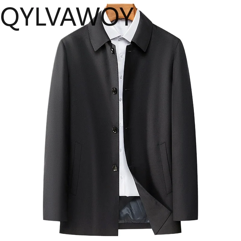 

QYLVAWOY 100% шерсть, мужской Тренч среднего возраста, весенне-осенний Тренч, куртка средней длины с лацканами, тонкая мужская верхняя одежда LJ2129