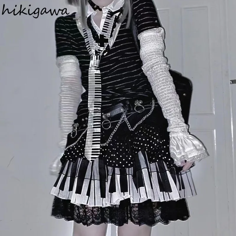 

2025 Faldas Mujer De Moda Punk Y2k Skirts for Women Patchwork Lace Polka Dot Jupe Contrast Color A-line Saia Sweet Summer Skirt