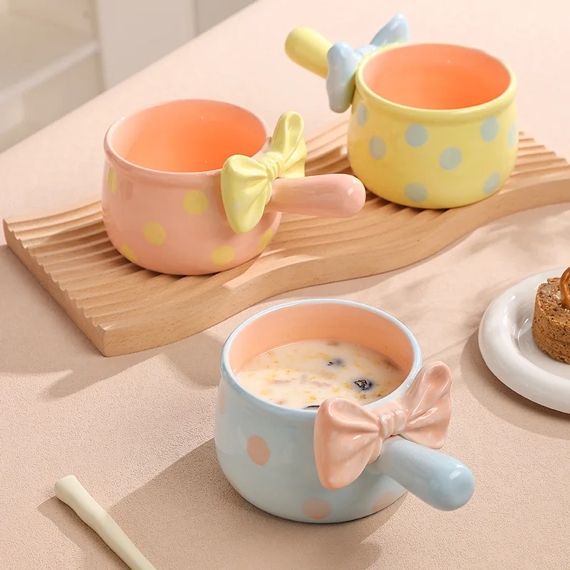 New Three Dimensional Bowknot Ceramic Handle Bowl Lovely Cereal Fruit Salad Bowl Student Dormitory Instant Noodles Bowl Creative