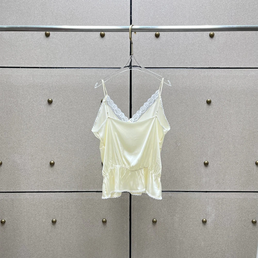 Elegant Silk Blend Camisole Top for Women Lace V-Neck Spaghetti Strap Sleeveless Peplum Cami Summer Casual Blouse  2026 New Y2k