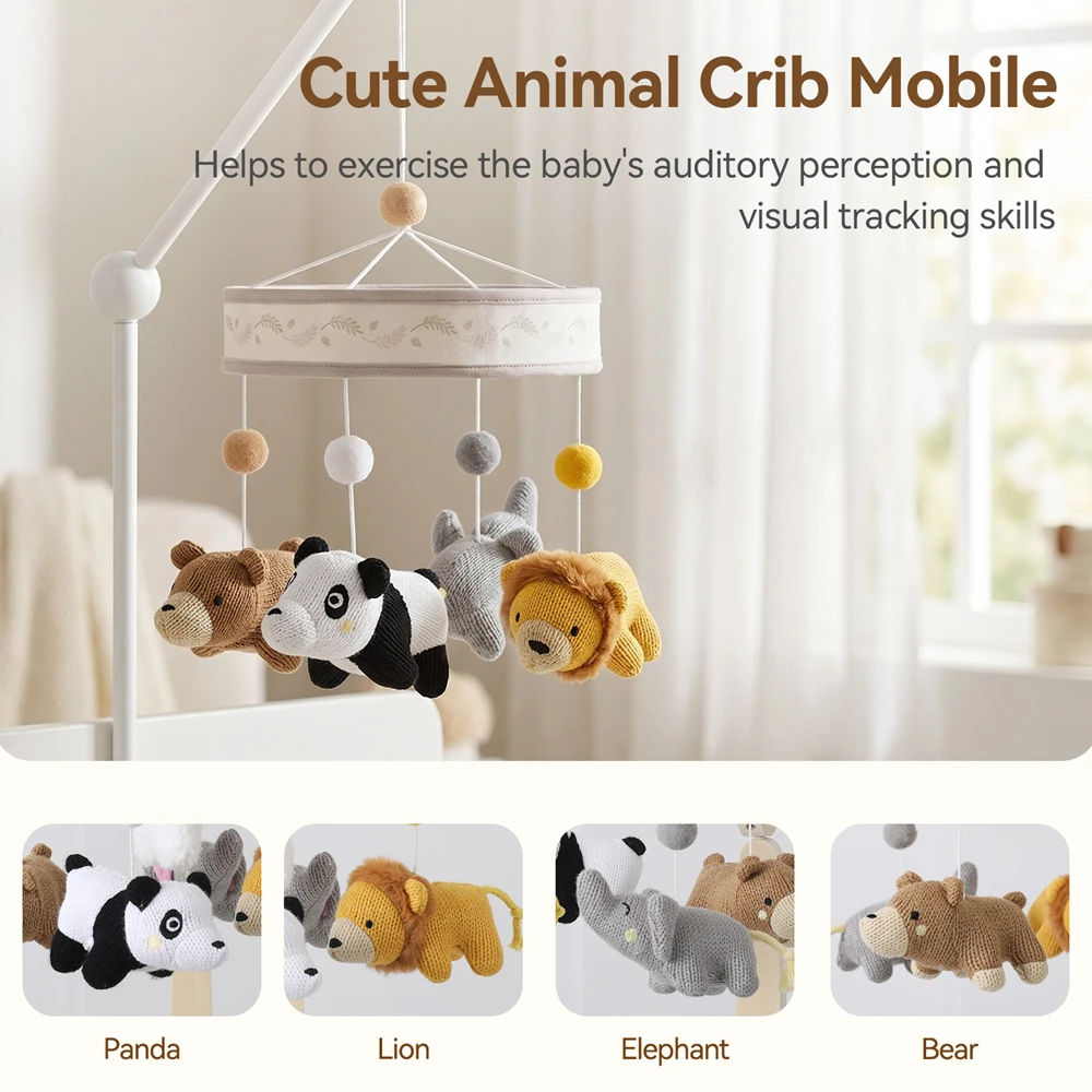 Knitted Crochet Animal Baby Crib Mobile 360 Degree Rotation Panda Lion Elephant Bear Plush Toys Cotton Thread Hanging Mobile