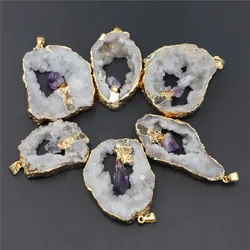 6PCS Hot Geode Stone Agates Healing Slice Pendants Charms Inlaid Natural Amethysts Point Irregular Elegant Quartz Jewelry Making