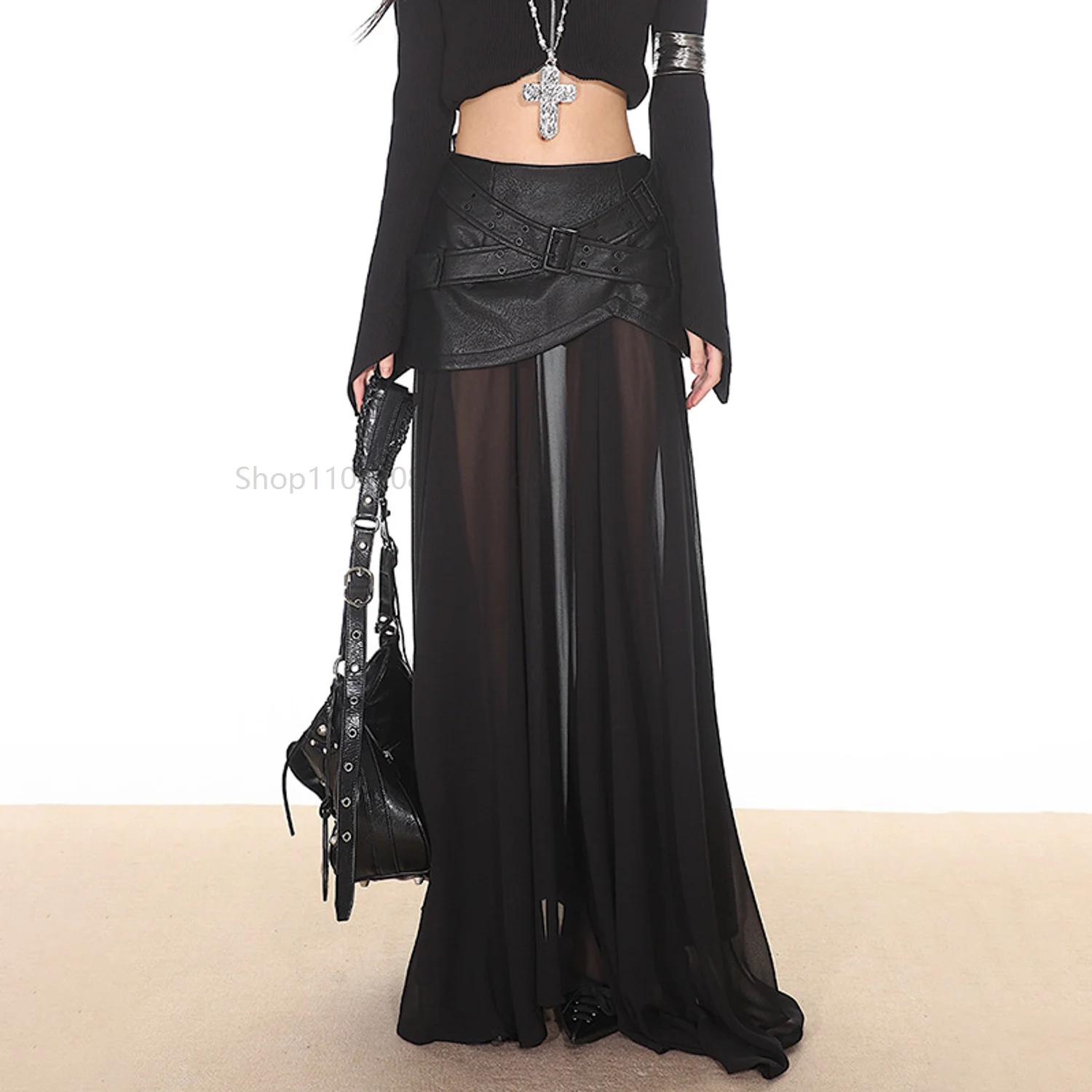 

Dark Elegant Pure Color Half-length Skirt with Mesh And Leather Belt Design Long Women's Fashion Street Style High Waist Skirts