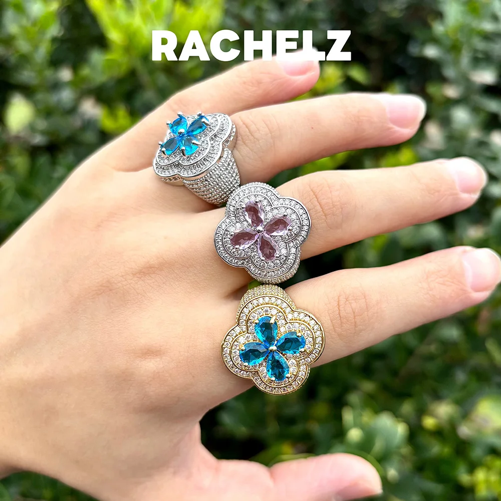 RACHELZ الهيب هوب مثلج خارج تشيكوسلوفاكيا حجر زهرة الزركون خواتم الاتجاه لامعة مكعب زركونيا البنصر للنساء الرجال المجوهرات يوميا #4
