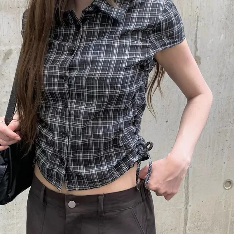

Deeptown Vintage Black Plaid Shirts Women Elegant Preppy Lace Up Short Sleeve Slim Crop Blouses Korean Fashion Aesthetic Gyaru