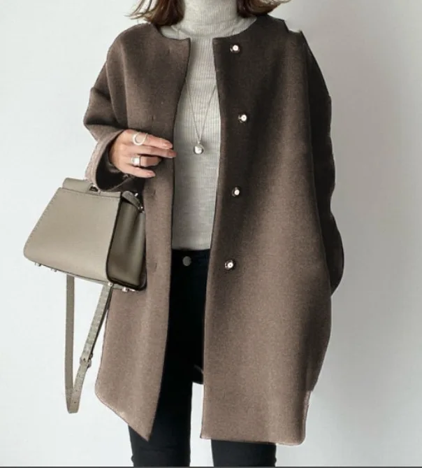 High-quality Straight Coat Women's 2025 Autumn and Winter Temperament Solid Color Simple Woolen Coat Top