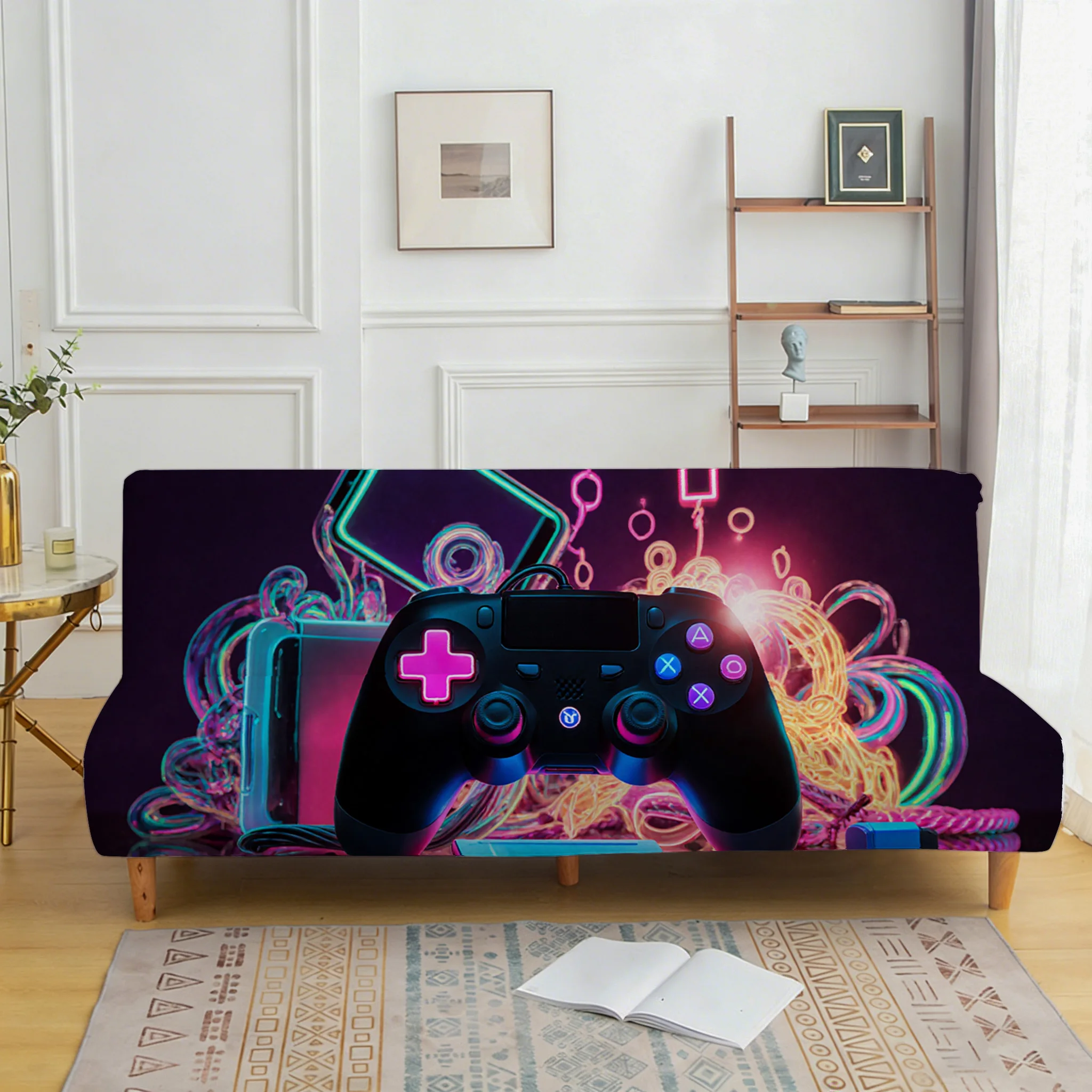 Cyber neon gamepad sofa bed cover, living room sofa bed cover, dustproof washable sofa bed cover