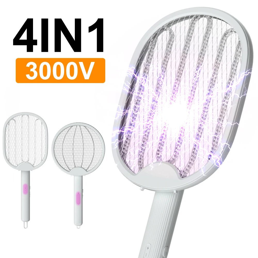 4 In 1 Foldable Electric Mosquito Swatter Killer 3000V Fly Swatter Trap USB Rechargeable Mosquito Racket Insect Killer Bug Zappe