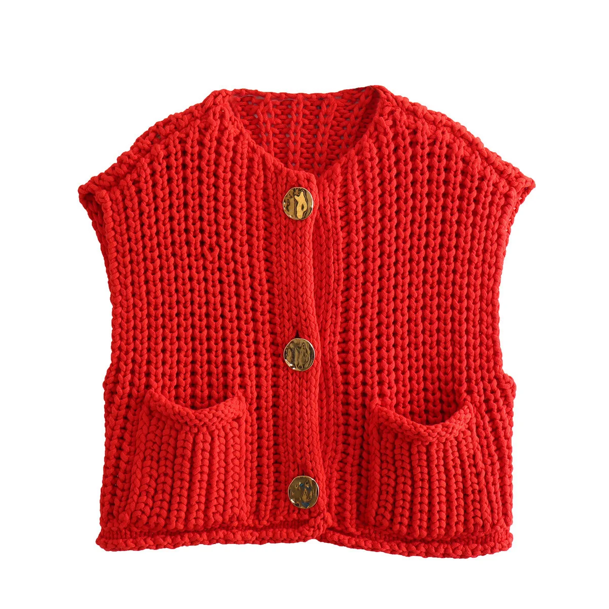 2024 Fall Clothes Korean Fashion Sweater Vests Women V Neck Blue Button-Up Front Pockets Sleeveless Cable Knit Cardigan Vest Red