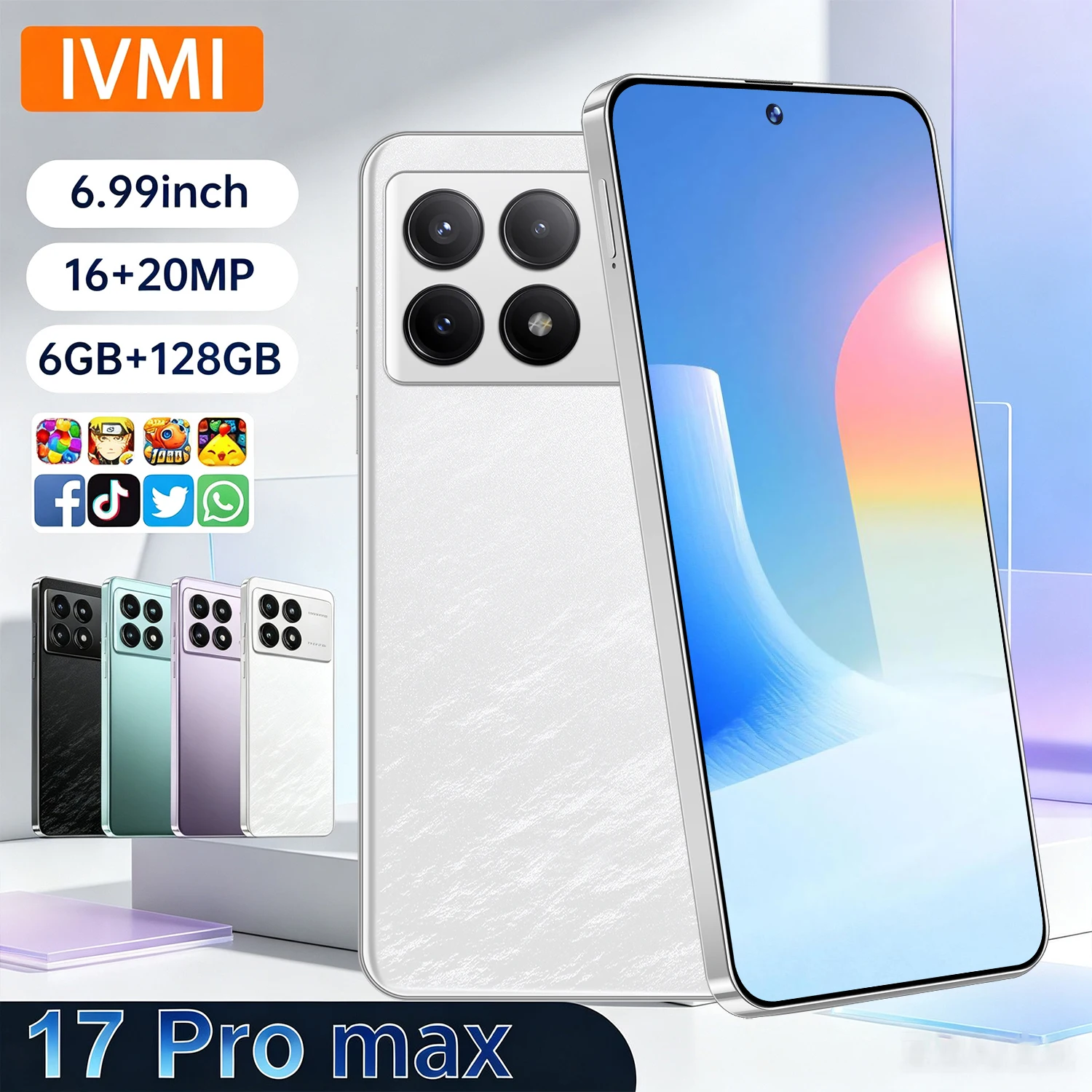 IVMI 17 Pro Max Unlocked Smartphone Android 12 6GB+128GB 6.99 Inch Screen Support Google Services Mobile Cell Phone