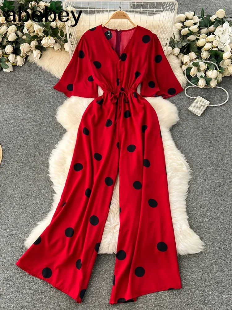 Women Wide Leg Trousers Jumpsuit V Neck Sexy Dolman Sleeves Waist Slim Polka Dot Print Jumpsuit