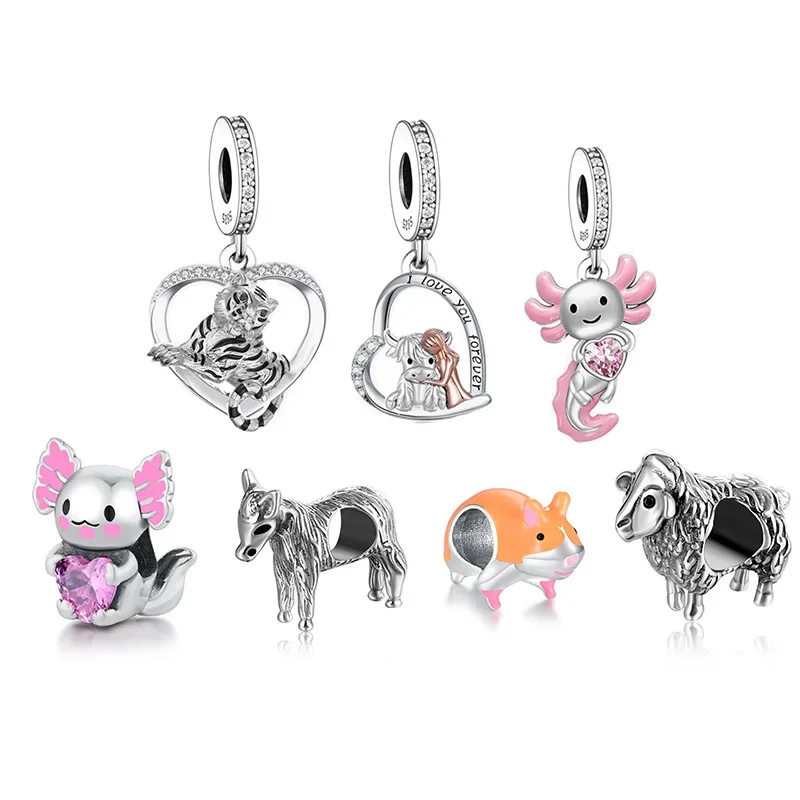 Fit Original Pan Charm Bracelet 925 Silver Sheep Tiger Highland Cow Tiger Mexico Axolotl Hamster Bead For Making Berloque