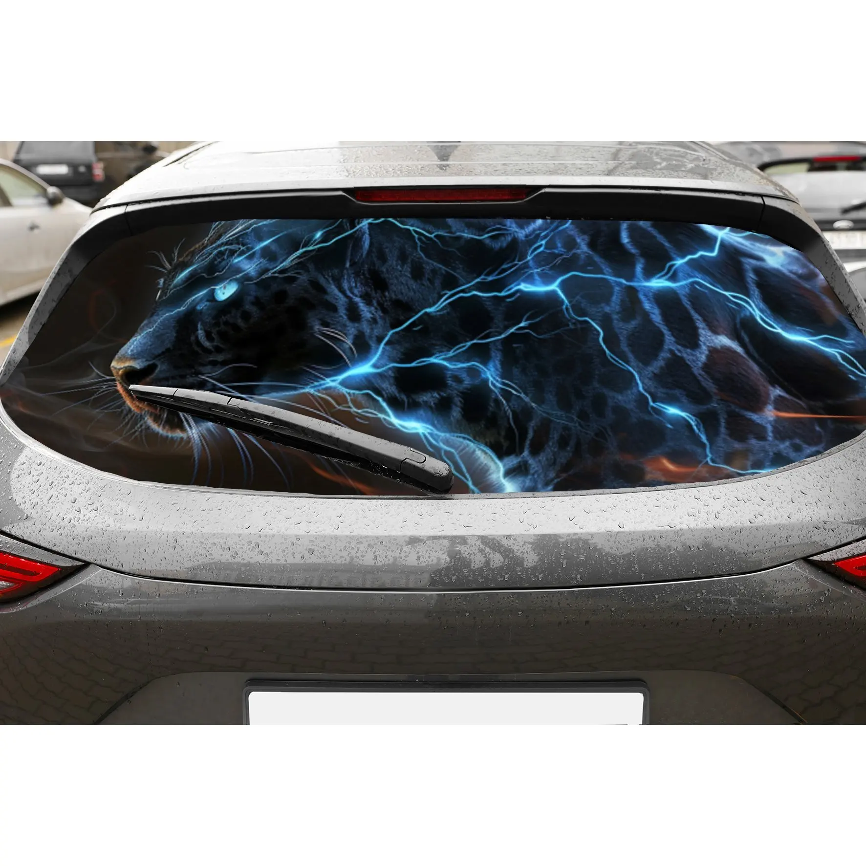 Blue lightning leopard car rear window vinyl wraps sticker, auto art sticker, self-adhesive waterproof rear window decoration, g