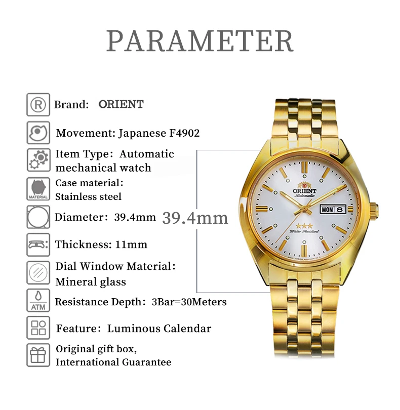 ساعة أورينت ساعات ميكانيكية أوتوماتيكية يابانية أصلية مقاومة للماء وساعات من الفولاذ المقاوم للصدأ مضيئة