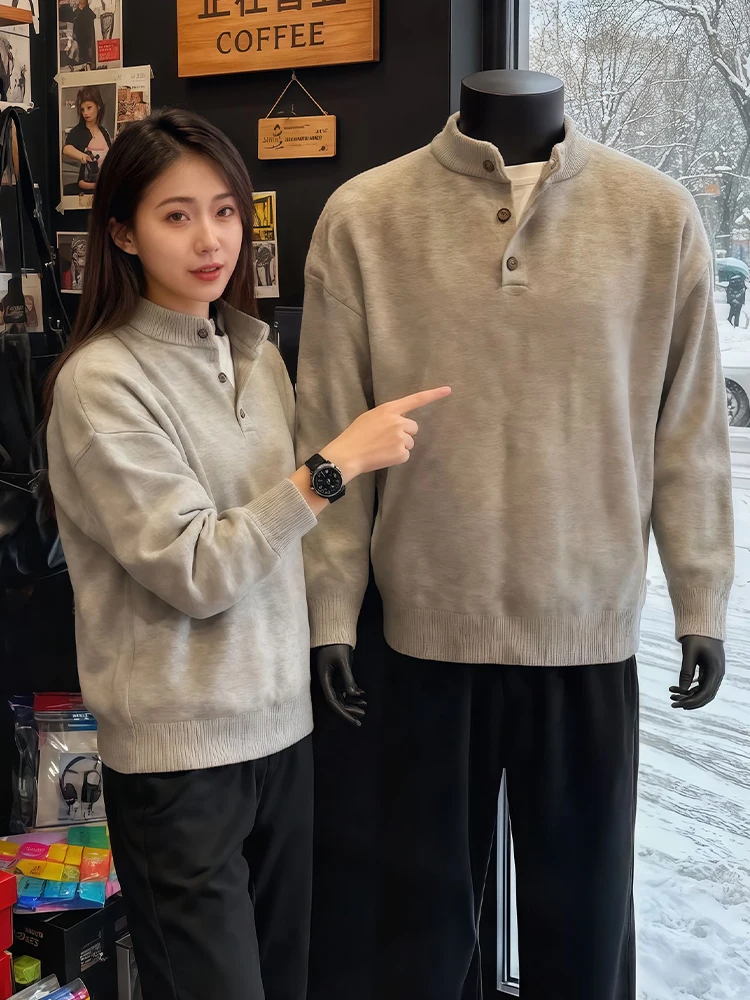 

American Retro Thiened Henry Collar Sweater Men's Autumn Winter Outerwear Inner Match Knitted Wear Cleanfit Warmth Coat