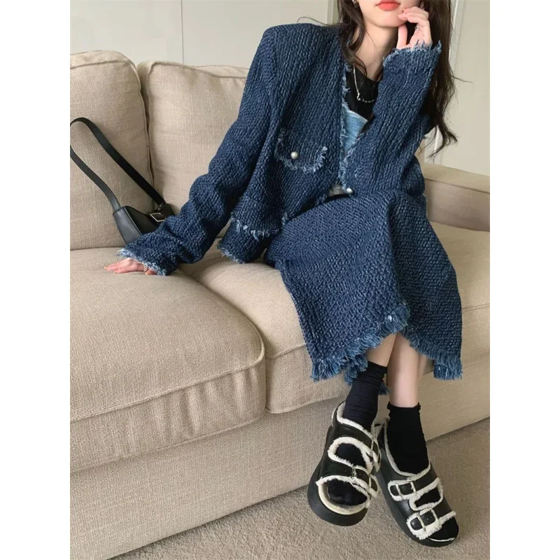 Insozkdg Korean 2023 Spring Autumn Suit Femininity Edge Denim Jacket + Skirt Casual Fashion Two-piece Set Women High Street