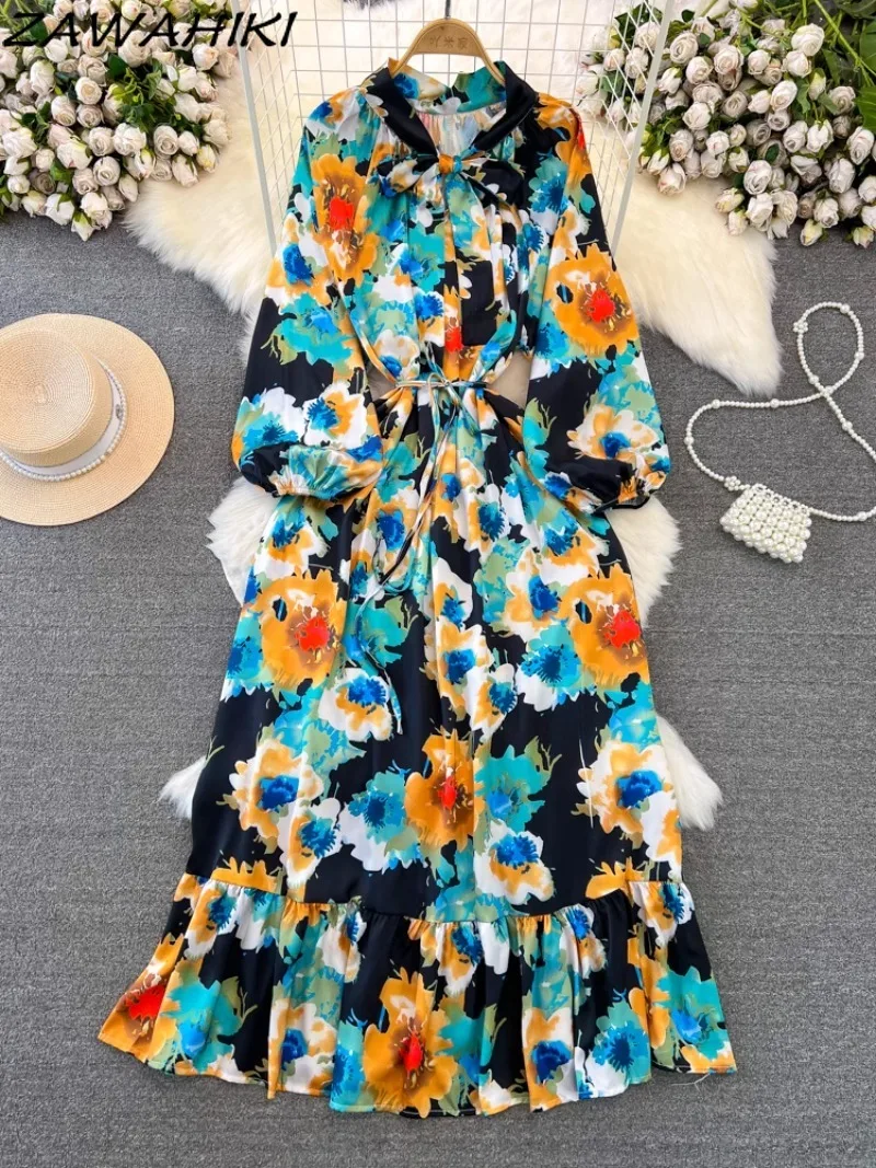 Femme Robe Temperament Fashion Patchwork Vestidos Bow Bandage Long Dresses for Women Pleated Print Floral Female Clothes