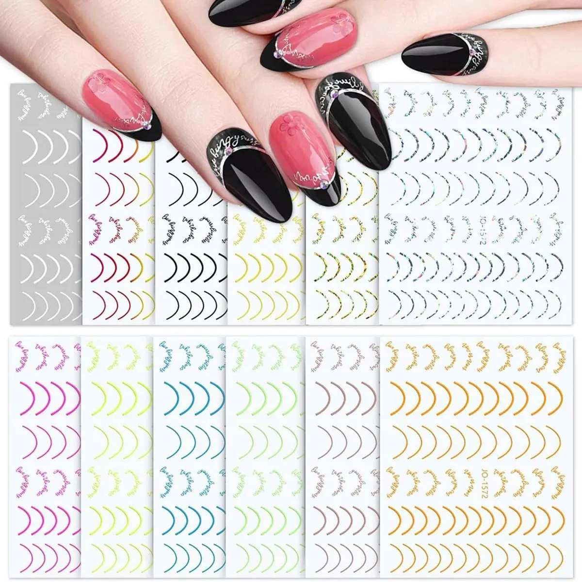 6 أوراق ملونة على شكل هلال القمر ملصقات فنية للأظافر خط معدني تصاميم فرنسية لامعة على شكل قمر يمكنك صنعها بنفسك لتزيين شارات الأظافر #1