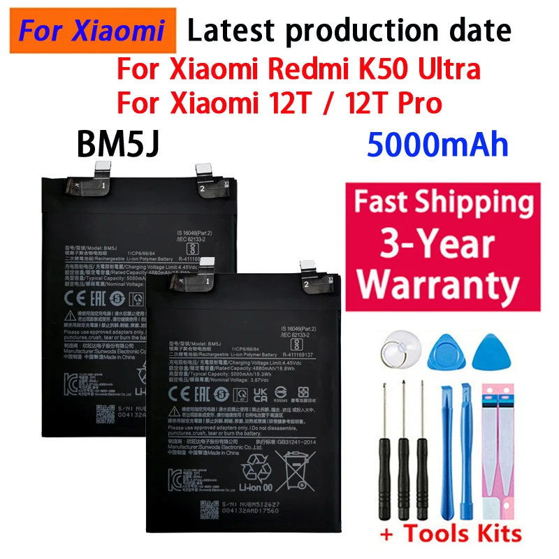 100% New Original BM5J 5000mAh Battery For Xiaomi Mi 12T Pro / Redmi K50 Genuine Mobile Phone Replacement Batteries