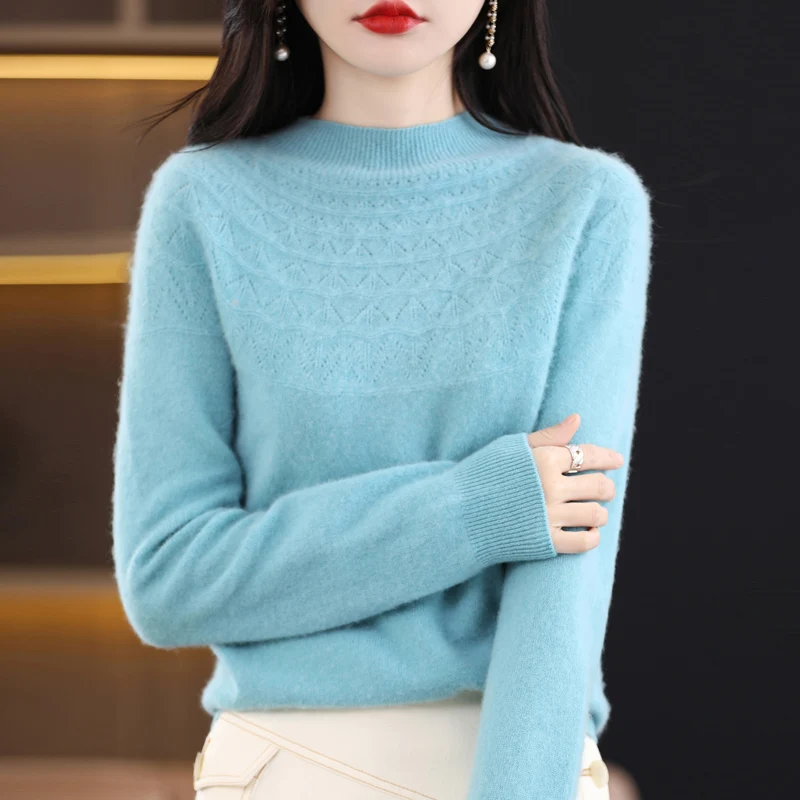 Spring And Summer New Pure Wool Thin Sweater Round Neck Hollow Ladies Long Sleeve Loose Commuter Joker Pullover