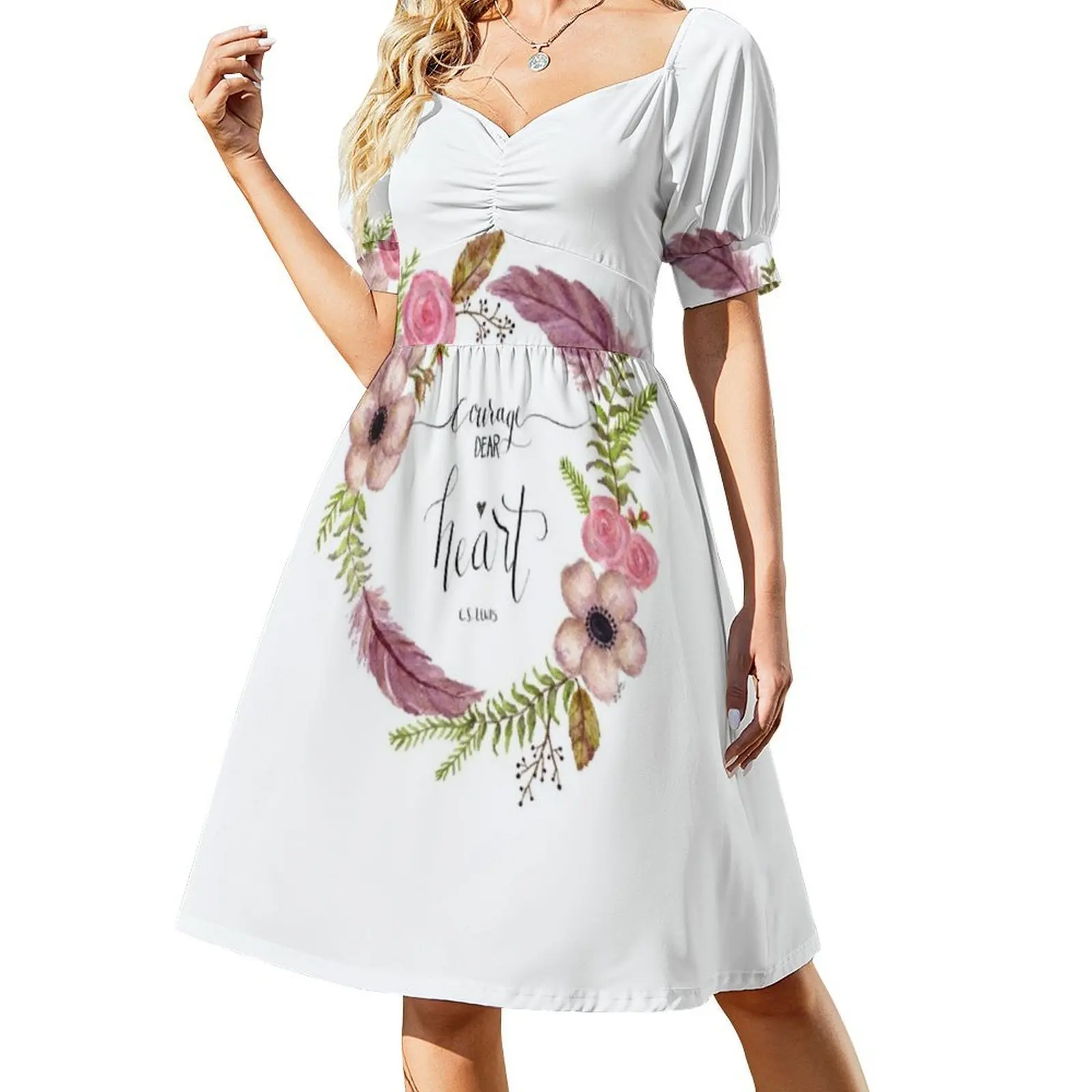 "الشجاعة عزيزي القلب" سي إس. فستان لويس اقتباس Preppy Style قصير للنساء على شكل حرف A فضفاض مناسب فستان يوم كاجوال إكليل بألوان مائية #2