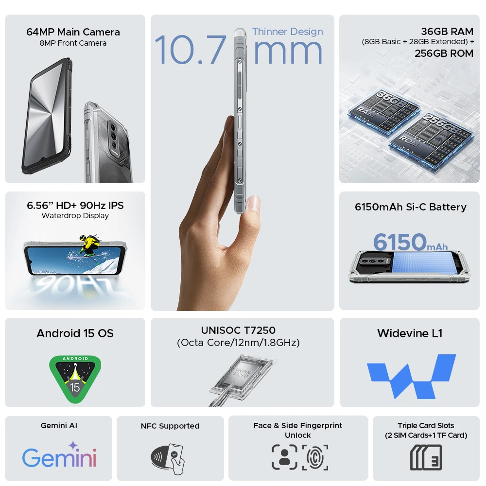 Global Version DOOGEE Blade10 Ultra Energy Rugged Phone Gemini AI 10.7mm Ultra-thin 6150mAh Battery  Android 15 Smartphone NFC