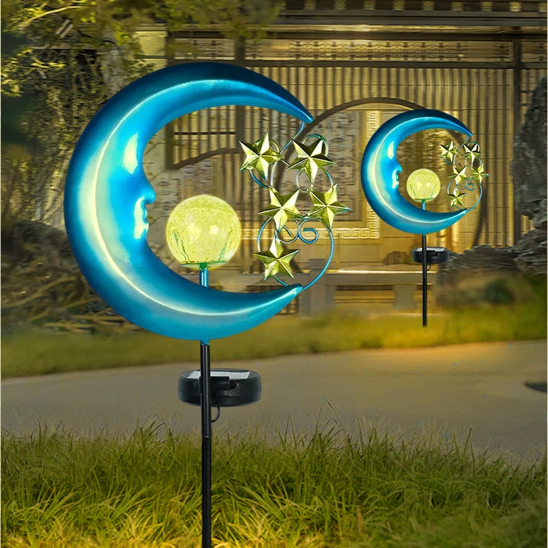 

Солнечные лунные светильники (1 шт.) с эффектом кракелюрного стекла и золотыми звездами, водонепроницаемые IP65, для газонов, патио, декора двора