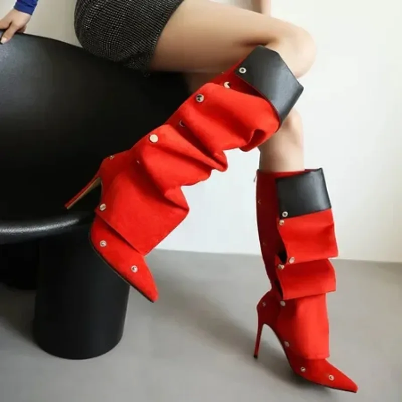 

2024, весенние новые сапоги выше колена, женская зимняя обувь, модные плиссированные бежевые сапоги на каблуке, длинная женская обувь, размер 45, 43, лодки