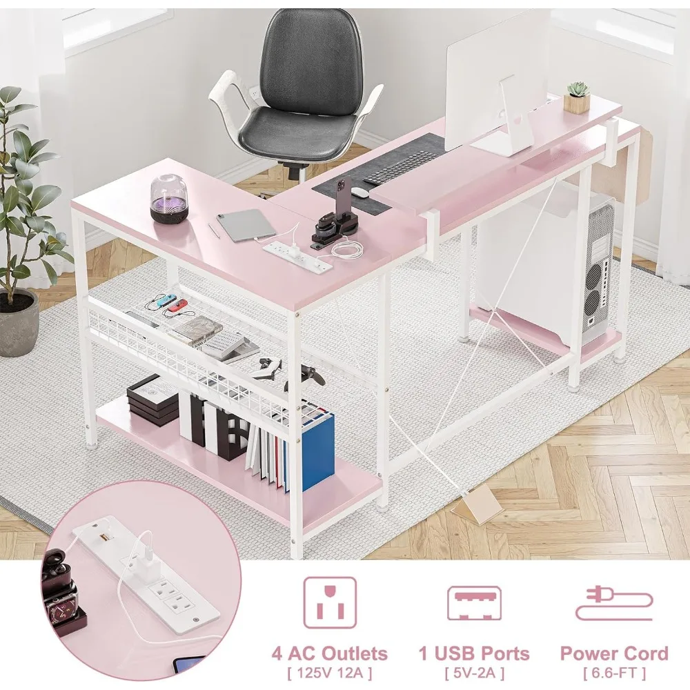 L-shaped Computer Desk with Power Socket and LED Light, 49.6-inch Computer Desk with Storage Shelves and Monitor Stand, Pink