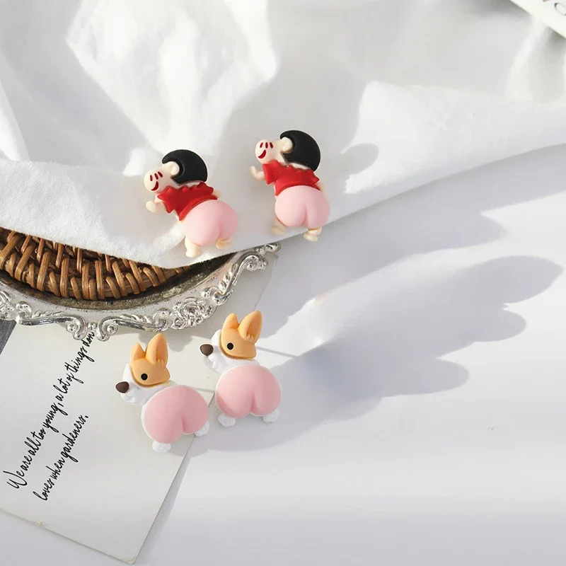 Super Cute Bare Buttock Cartoon Puppy Earrings Child's Like Small and Cute Simplicity Resin Unique Design Sense Fashion Jewelry