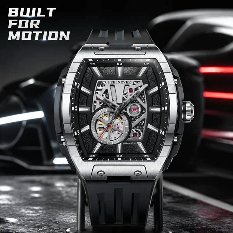 FeelNever Unique Design Mechanical Men Watches Square Casual Sport Fashion Hollow Luminous Automatic Waterproof Chronograph Gift