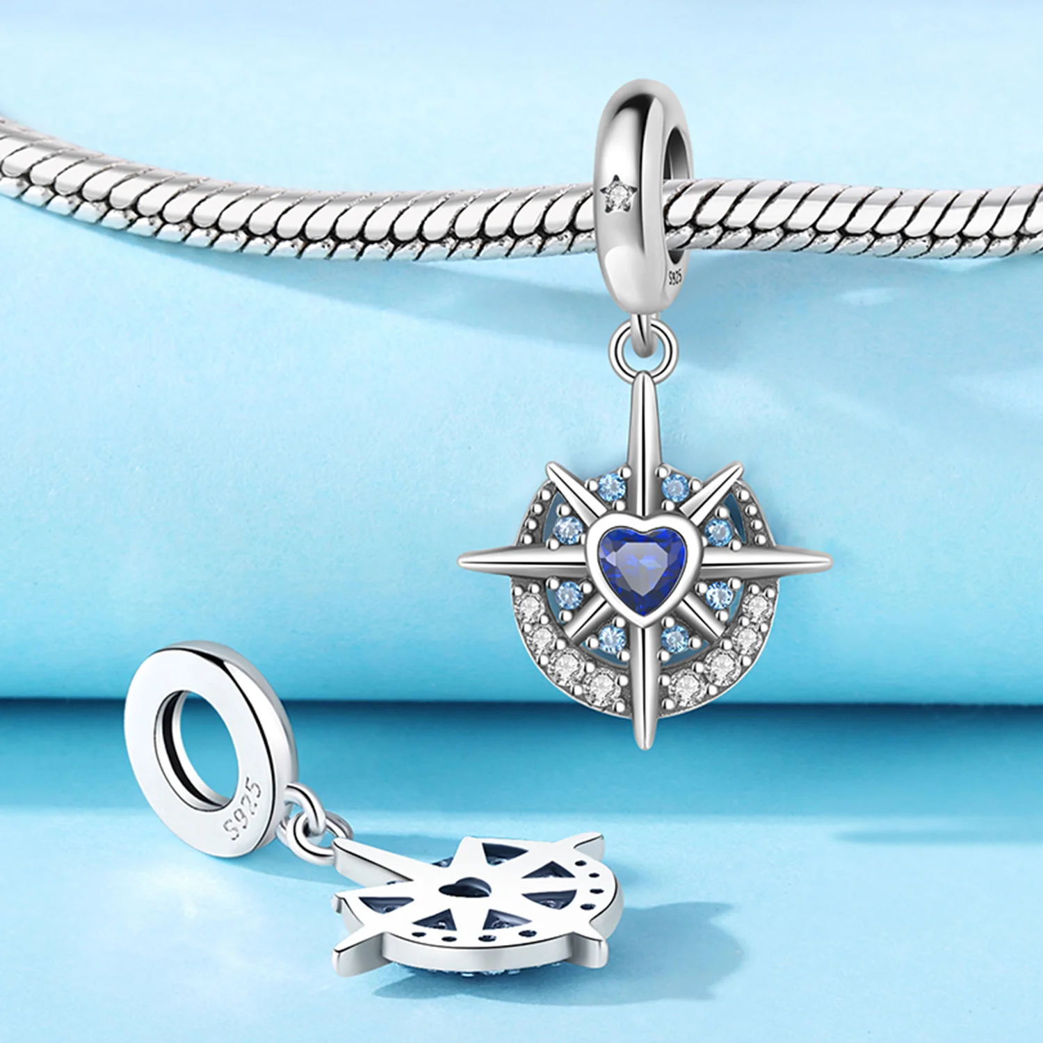 Real 925 Sterling Silver Blue Star Moon จี้ Fit Fine สร้อยข้อมือเดิม Charm ลูกปัดสร้อยคอ DIY เครื่องประดับของขวัญอุปกรณ์เสริม